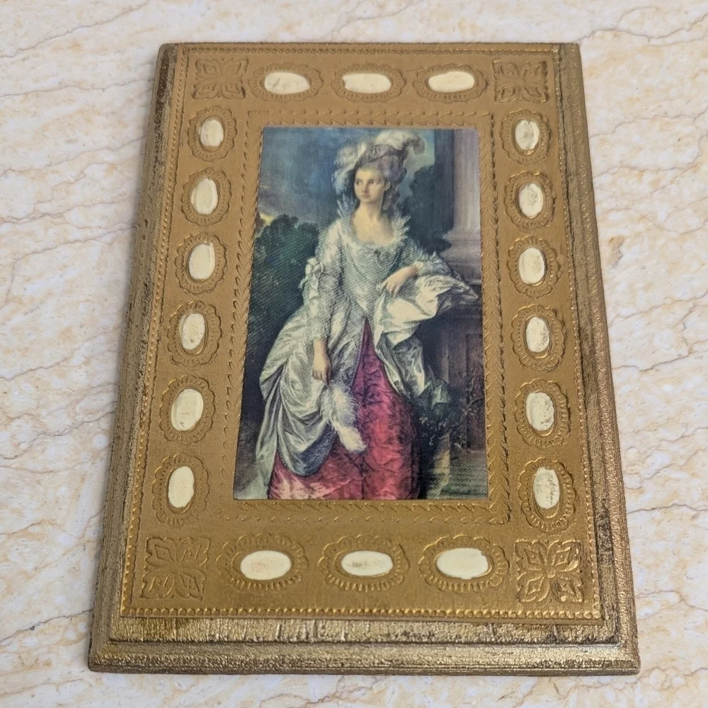 Vintage Italian Florentine Gold Gilt Pair Garden Scene Lady Portrait Wooden Art